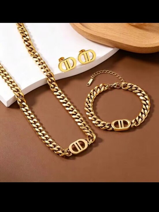 Jewelry - Gold Plated Link Chain Necklace, Bracelet & Earring Set